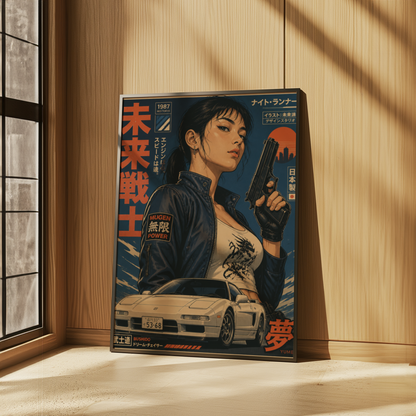 Neo Tokyo Night Runner Poster, Retro Anime Girl Wall Art, 1980s Japanese Car Print, Street Racing Decor, Cyberpunk Garage Artwork