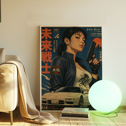Neo Tokyo Night Runner Poster, Retro Anime Girl Wall Art, 1980s Japanese Car Print, Street Racing Decor, Cyberpunk Garage Artwork
