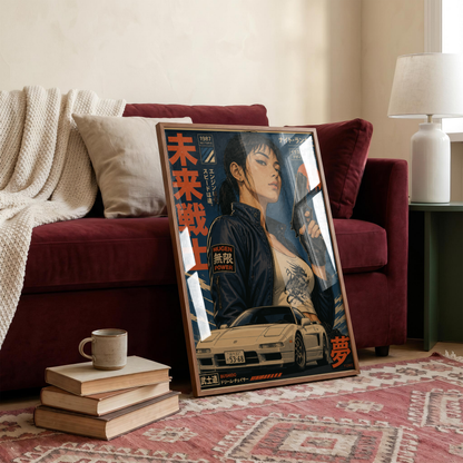 Neo Tokyo Night Runner Poster, Retro Anime Girl Wall Art, 1980s Japanese Car Print, Street Racing Decor, Cyberpunk Garage Artwork