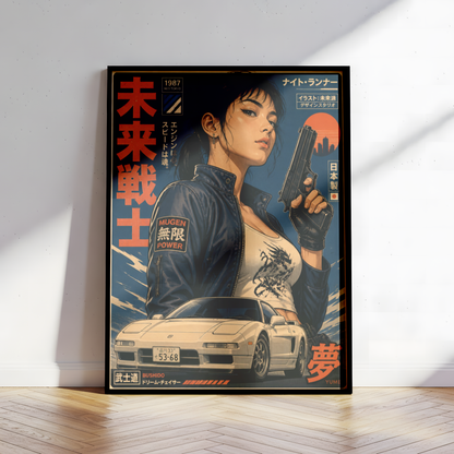 Neo Tokyo Night Runner Poster, Retro Anime Girl Wall Art, 1980s Japanese Car Print, Street Racing Decor, Cyberpunk Garage Artwork