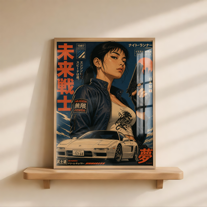 Neo Tokyo Night Runner Poster, Retro Anime Girl Wall Art, 1980s Japanese Car Print, Street Racing Decor, Cyberpunk Garage Artwork