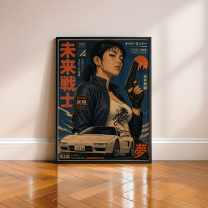Neo Tokyo Night Runner Poster, Retro Anime Girl Wall Art, 1980s Japanese Car Print, Street Racing Decor, Cyberpunk Garage Artwork