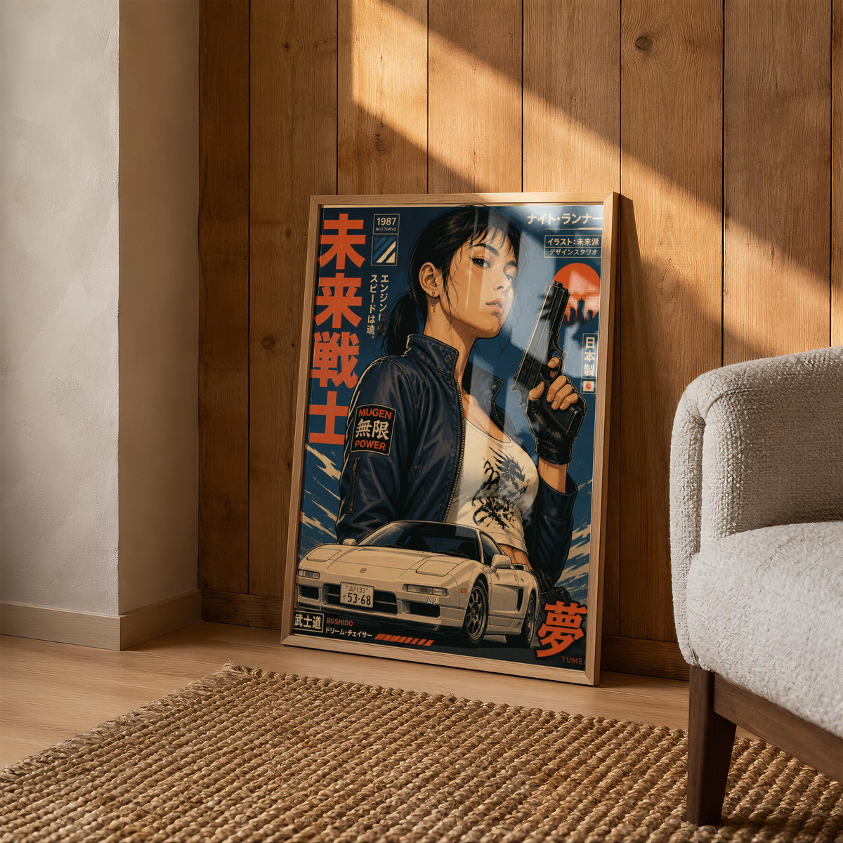 Neo Tokyo Night Runner Poster, Retro Anime Girl Wall Art, 1980s Japanese Car Print, Street Racing Decor, Cyberpunk Garage Artwork