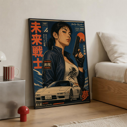 Neo Tokyo Night Runner Poster, Retro Anime Girl Wall Art, 1980s Japanese Car Print, Street Racing Decor, Cyberpunk Garage Artwork