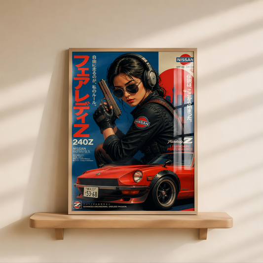 Retro Japanese Street Racer Poster, 70s Car Girl Wall Art, Vintage Racing Print, Tokyo Garage Decor, Anime-Inspired Automotive Artwork