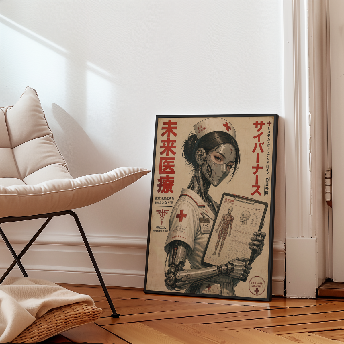 Cyberpunk Nurse Poster, Futuristic Medical Android, Neo Tokyo Sci-Fi Wall Art, Retro Manga Aesthetic, Edgy Cyberpunk Decor