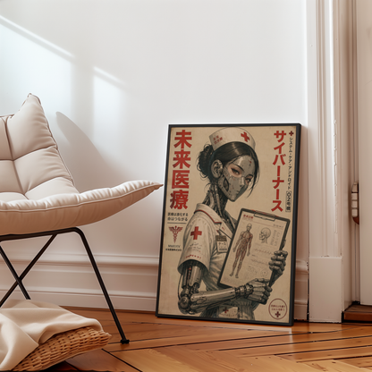 Cyberpunk Nurse Poster, Futuristic Medical Android, Neo Tokyo Sci-Fi Wall Art, Retro Manga Aesthetic, Edgy Cyberpunk Decor