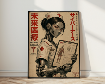 Cyberpunk Nurse Poster, Futuristic Medical Android, Neo Tokyo Sci-Fi Wall Art, Retro Manga Aesthetic, Edgy Cyberpunk Decor