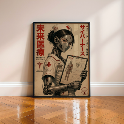 Cyberpunk Nurse Poster, Futuristic Medical Android, Neo Tokyo Sci-Fi Wall Art, Retro Manga Aesthetic, Edgy Cyberpunk Decor