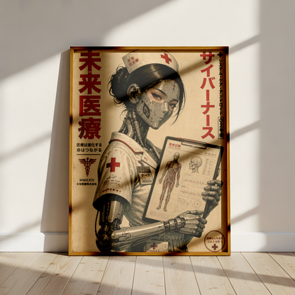 Cyberpunk Nurse Poster, Futuristic Medical Android, Neo Tokyo Sci-Fi Wall Art, Retro Manga Aesthetic, Edgy Cyberpunk Decor