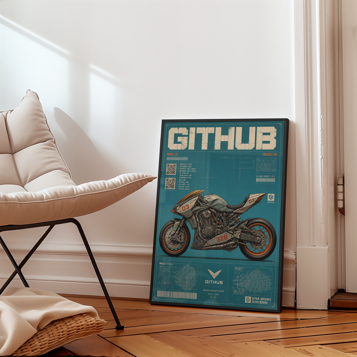 Cyberpunk Motorcycle Blueprint Poster, Futuristic Street Bike Concept, Japanese Engineering Design, Teal Technical Wall Art