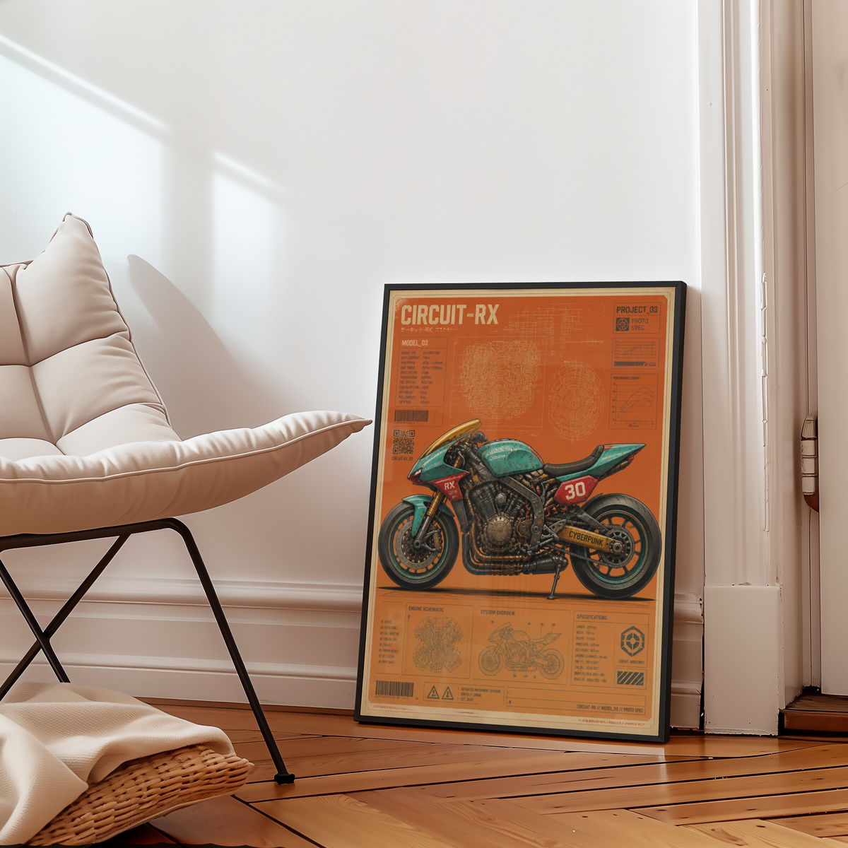 Circuit-RX Cyberpunk Motorcycle Poster, Futuristic Racing Bike Blueprint, Japanese Sci-Fi Garage Art, Industrial Wall Decor