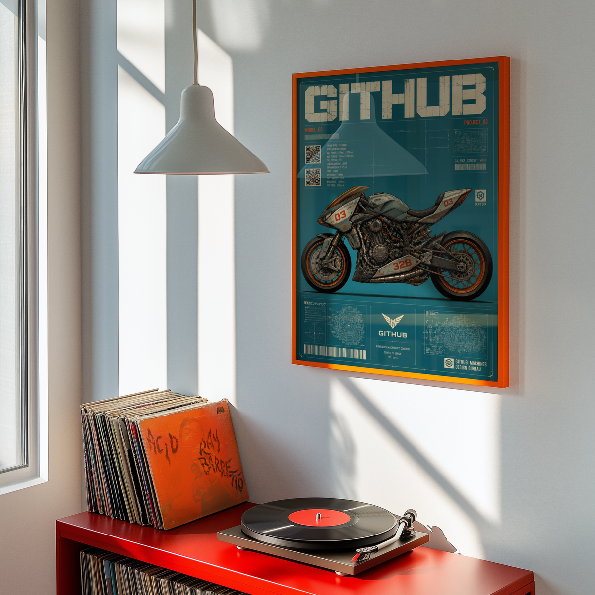 Cyberpunk Motorcycle Blueprint Poster, Futuristic Street Bike Concept, Japanese Engineering Design, Teal Technical Wall Art
