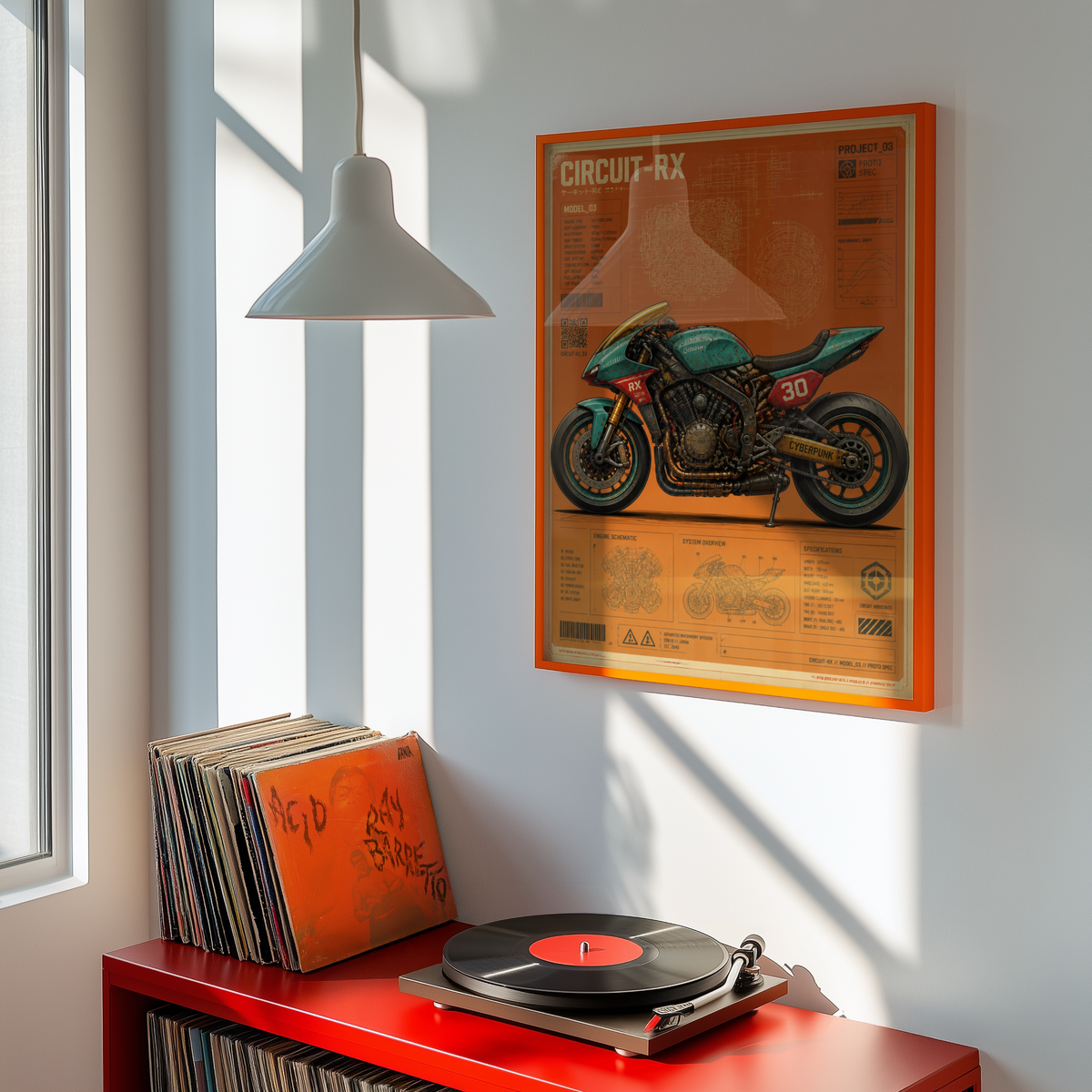 Circuit-RX Cyberpunk Motorcycle Poster, Futuristic Racing Bike Blueprint, Japanese Sci-Fi Garage Art, Industrial Wall Decor