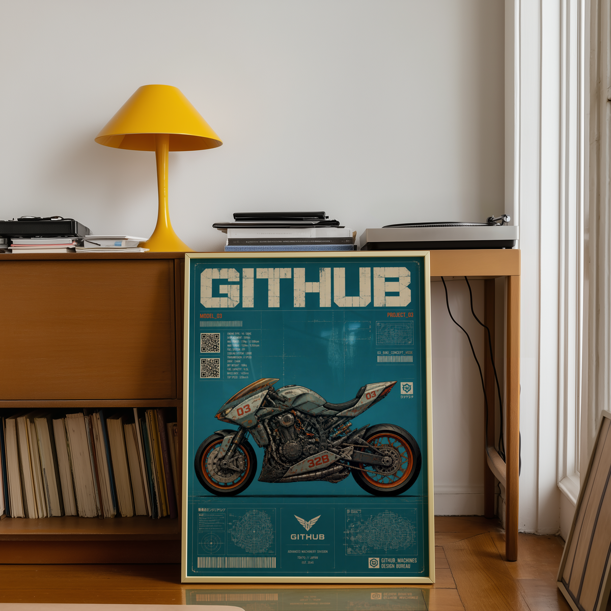 Cyberpunk Motorcycle Blueprint Poster, Futuristic Street Bike Concept, Japanese Engineering Design, Teal Technical Wall Art