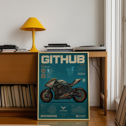 Cyberpunk Motorcycle Blueprint Poster, Futuristic Street Bike Concept, Japanese Engineering Design, Teal Technical Wall Art