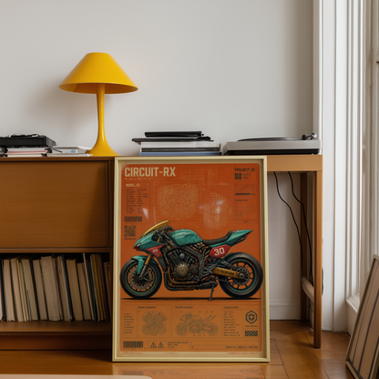 Circuit-RX Cyberpunk Motorcycle Poster, Futuristic Racing Bike Blueprint, Japanese Sci-Fi Garage Art, Industrial Wall Decor