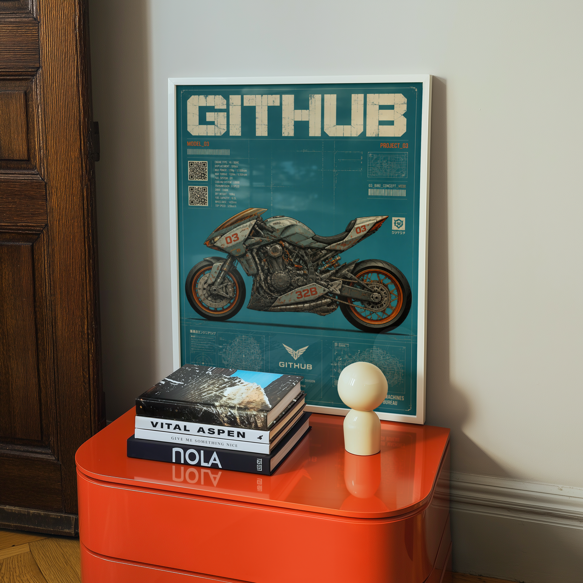 Cyberpunk Motorcycle Blueprint Poster, Futuristic Street Bike Concept, Japanese Engineering Design, Teal Technical Wall Art