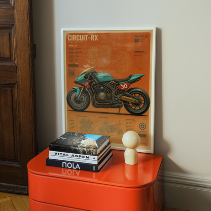 Circuit-RX Cyberpunk Motorcycle Poster, Futuristic Racing Bike Blueprint, Japanese Sci-Fi Garage Art, Industrial Wall Decor