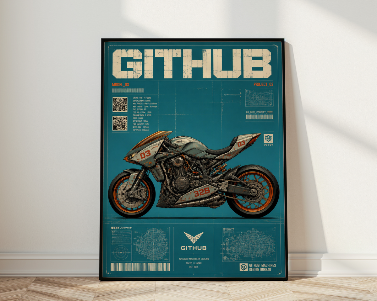Cyberpunk Motorcycle Blueprint Poster, Futuristic Street Bike Concept, Japanese Engineering Design, Teal Technical Wall Art