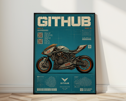 Cyberpunk Motorcycle Blueprint Poster, Futuristic Street Bike Concept, Japanese Engineering Design, Teal Technical Wall Art