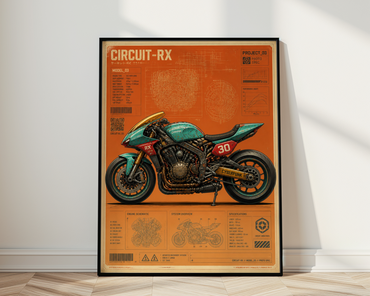 Circuit-RX Cyberpunk Motorcycle Poster, Futuristic Racing Bike Blueprint, Japanese Sci-Fi Garage Art, Industrial Wall Decor