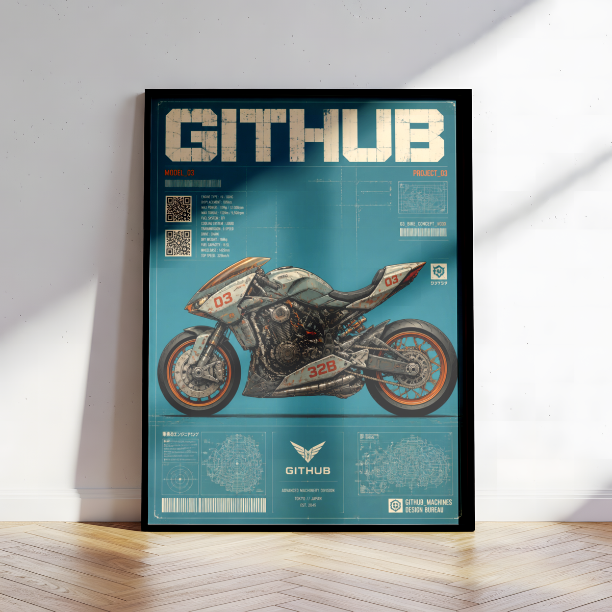 Cyberpunk Motorcycle Blueprint Poster, Futuristic Street Bike Concept, Japanese Engineering Design, Teal Technical Wall Art