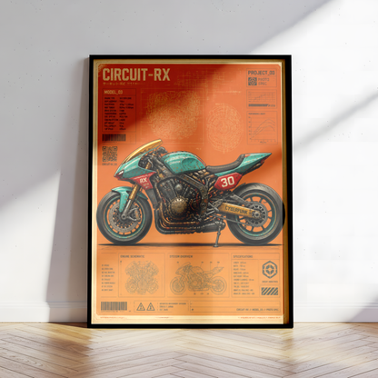 Circuit-RX Cyberpunk Motorcycle Poster, Futuristic Racing Bike Blueprint, Japanese Sci-Fi Garage Art, Industrial Wall Decor