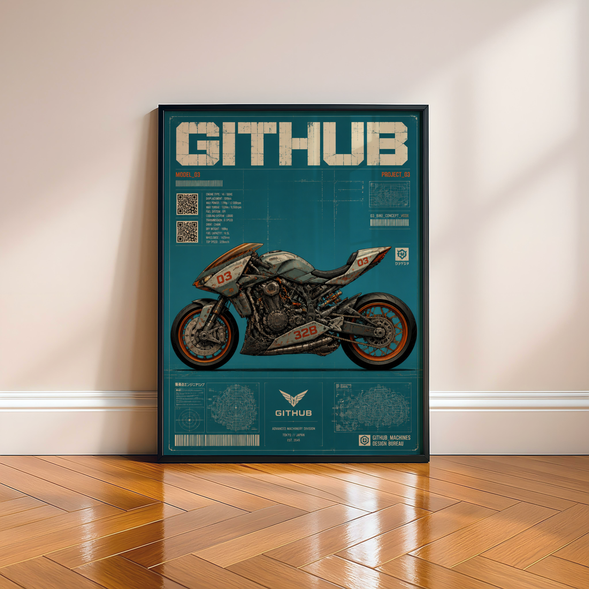 Cyberpunk Motorcycle Blueprint Poster, Futuristic Street Bike Concept, Japanese Engineering Design, Teal Technical Wall Art