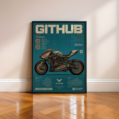 Cyberpunk Motorcycle Blueprint Poster, Futuristic Street Bike Concept, Japanese Engineering Design, Teal Technical Wall Art