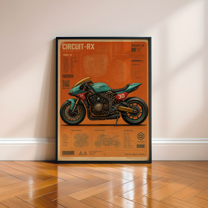Circuit-RX Cyberpunk Motorcycle Poster, Futuristic Racing Bike Blueprint, Japanese Sci-Fi Garage Art, Industrial Wall Decor
