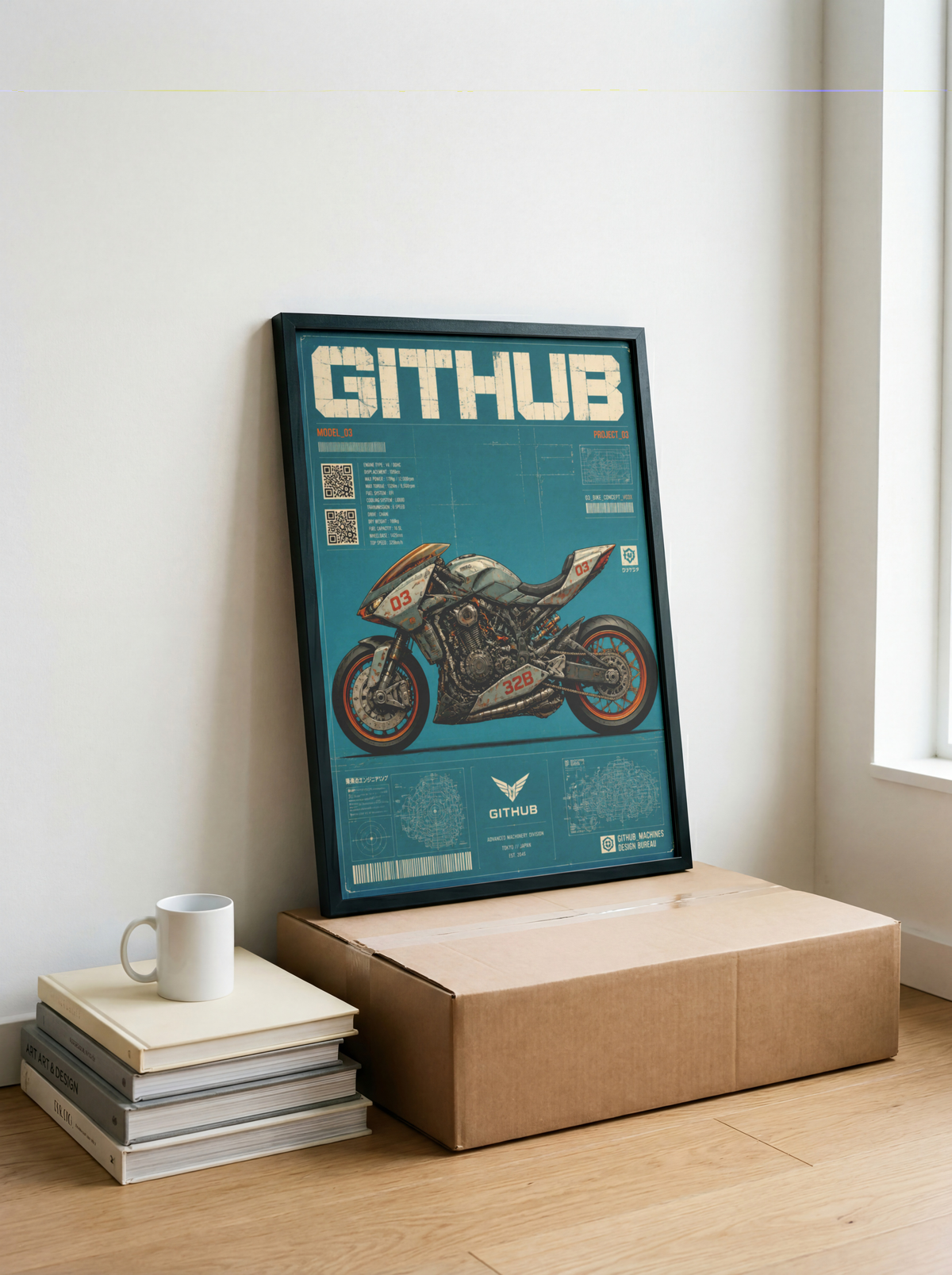 Cyberpunk Motorcycle Blueprint Poster, Futuristic Street Bike Concept, Japanese Engineering Design, Teal Technical Wall Art