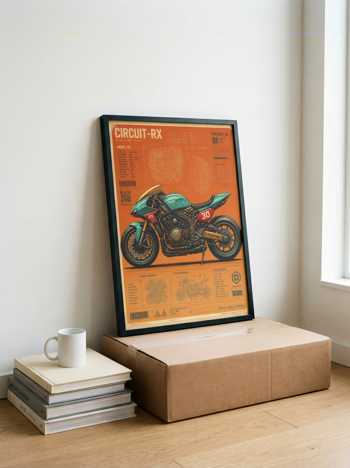 Circuit-RX Cyberpunk Motorcycle Poster, Futuristic Racing Bike Blueprint, Japanese Sci-Fi Garage Art, Industrial Wall Decor