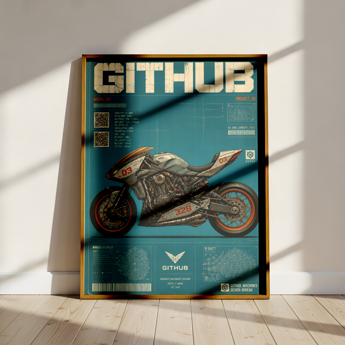 Cyberpunk Motorcycle Blueprint Poster, Futuristic Street Bike Concept, Japanese Engineering Design, Teal Technical Wall Art