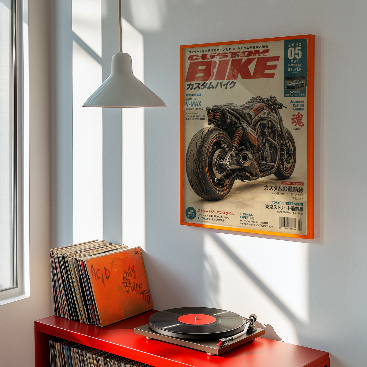 Custom V-Max Motorcycle Poster, Japanese Street Bike, Futuristic Café Racer Art, Cyberpunk Garage Wall Decor, Retro Racing