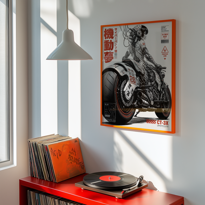 Cyberpunk Rider Poster, Extreme Futuristic Motorcycle, Mechanical Anime Art, Neo Tokyo Sci-Fi Wall Decor, Edgy Manga Style