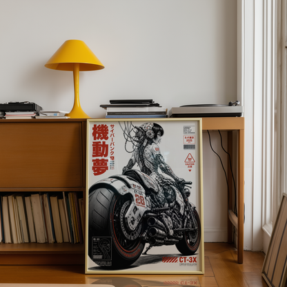 Cyberpunk Rider Poster, Extreme Futuristic Motorcycle, Mechanical Anime Art, Neo Tokyo Sci-Fi Wall Decor, Edgy Manga Style