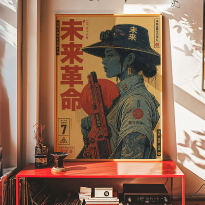 Future Soldier 2556 Poster, Cyberpunk Warrior Girl Wall Art, Dystopian Sci-Fi Print, Futuristic Rifle, Neo Tokyo Military Artwork