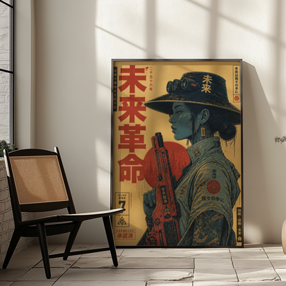 Future Soldier 2556 Poster, Cyberpunk Warrior Girl Wall Art, Dystopian Sci-Fi Print, Futuristic Rifle, Neo Tokyo Military Artwork