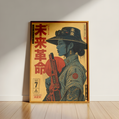 Future Soldier 2556 Poster, Cyberpunk Warrior Girl Wall Art, Dystopian Sci-Fi Print, Futuristic Rifle, Neo Tokyo Military Artwork