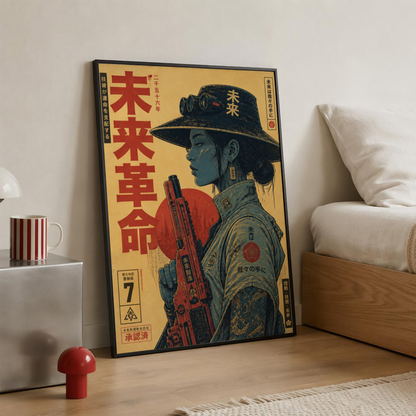 Future Soldier 2556 Poster, Cyberpunk Warrior Girl Wall Art, Dystopian Sci-Fi Print, Futuristic Rifle, Neo Tokyo Military Artwork
