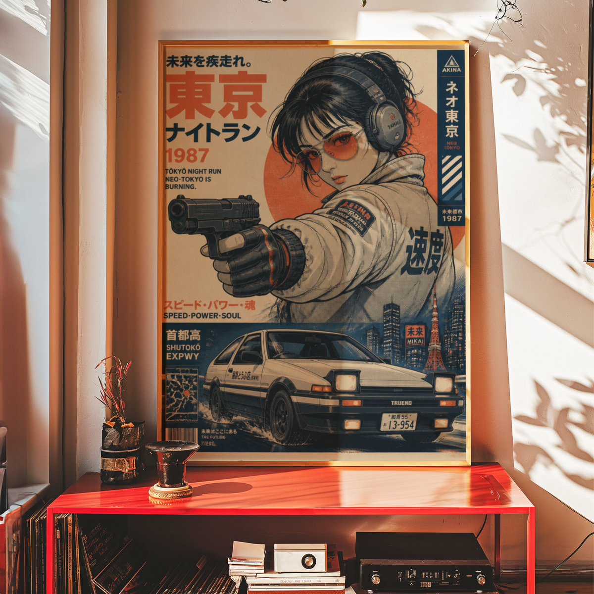 Tokyo Night Run Poster, 80s Street Racing Wall Art, Retro Anime Girl, Japanese Car Print, Neo Tokyo Garage Decor, Cyberpunk Artwork