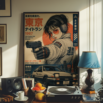 Tokyo Night Run Poster, 80s Street Racing Wall Art, Retro Anime Girl, Japanese Car Print, Neo Tokyo Garage Decor, Cyberpunk Artwork