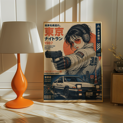 Tokyo Night Run Poster, 80s Street Racing Wall Art, Retro Anime Girl, Japanese Car Print, Neo Tokyo Garage Decor, Cyberpunk Artwork