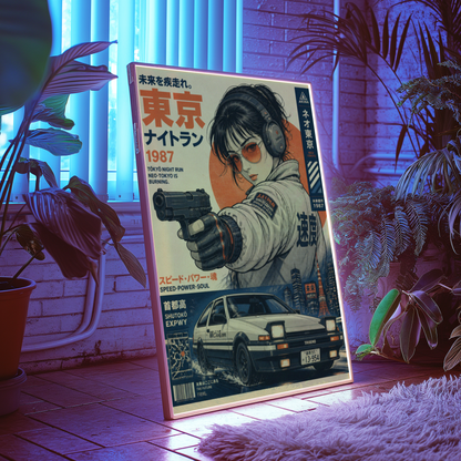 Tokyo Night Run Poster, 80s Street Racing Wall Art, Retro Anime Girl, Japanese Car Print, Neo Tokyo Garage Decor, Cyberpunk Artwork