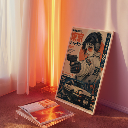 Tokyo Night Run Poster, 80s Street Racing Wall Art, Retro Anime Girl, Japanese Car Print, Neo Tokyo Garage Decor, Cyberpunk Artwork