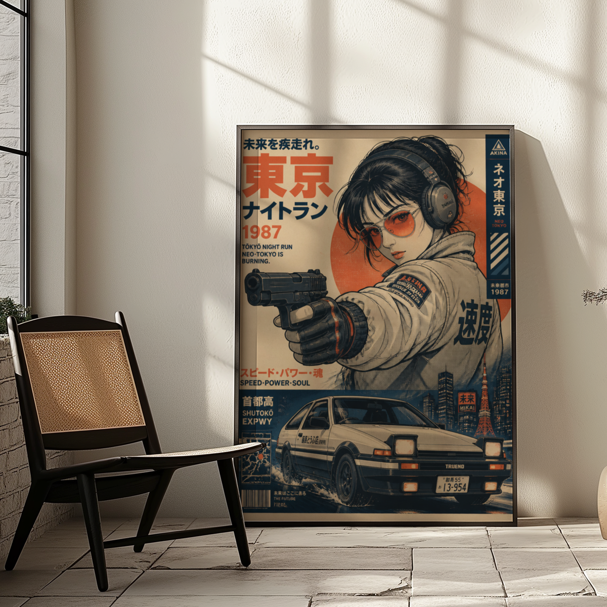 Tokyo Night Run Poster, 80s Street Racing Wall Art, Retro Anime Girl, Japanese Car Print, Neo Tokyo Garage Decor, Cyberpunk Artwork