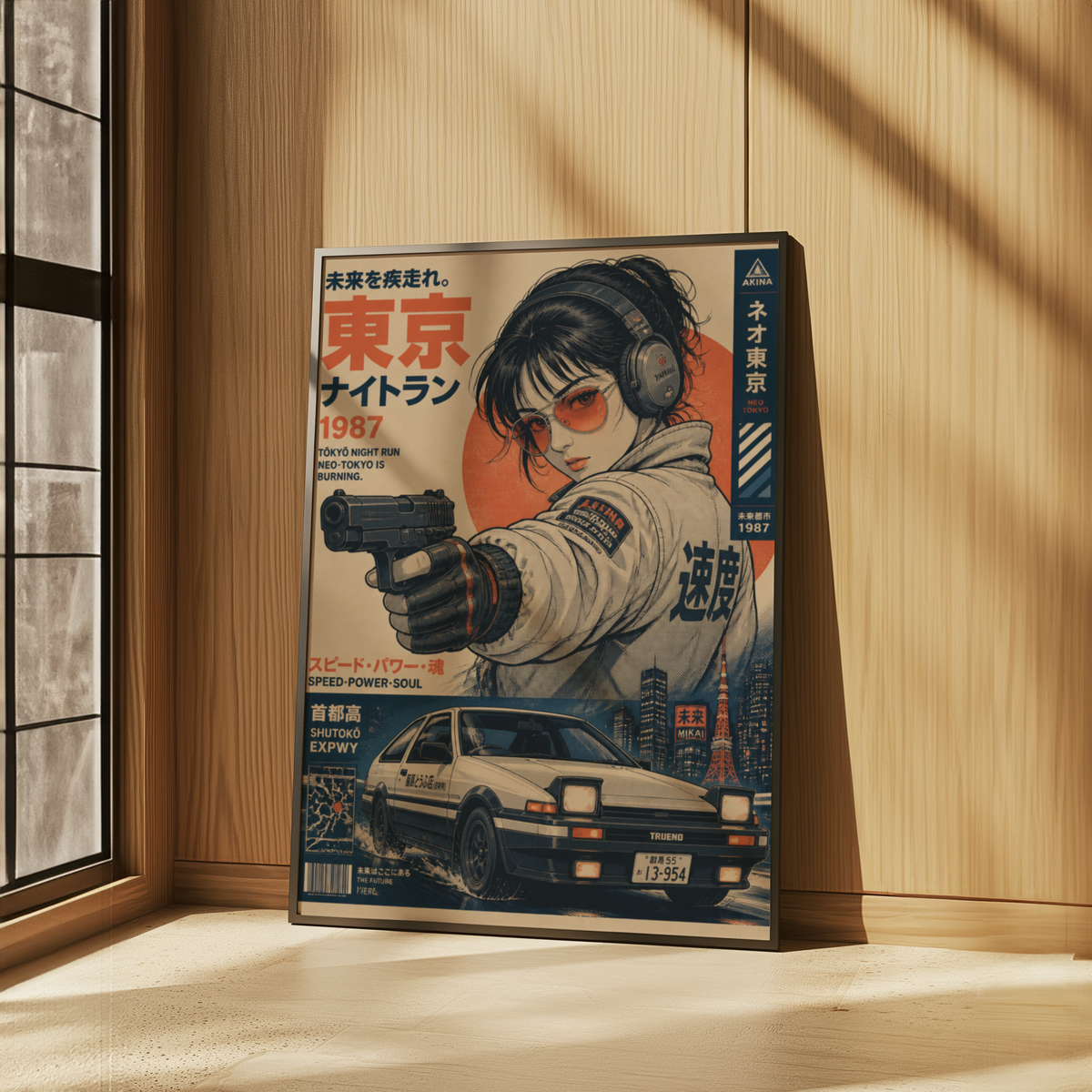 Tokyo Night Run Poster, 80s Street Racing Wall Art, Retro Anime Girl, Japanese Car Print, Neo Tokyo Garage Decor, Cyberpunk Artwork