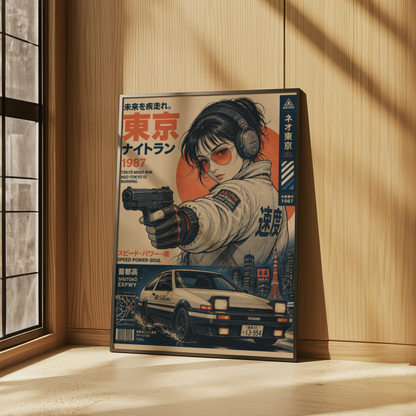 Tokyo Night Run Poster, 80s Street Racing Wall Art, Retro Anime Girl, Japanese Car Print, Neo Tokyo Garage Decor, Cyberpunk Artwork