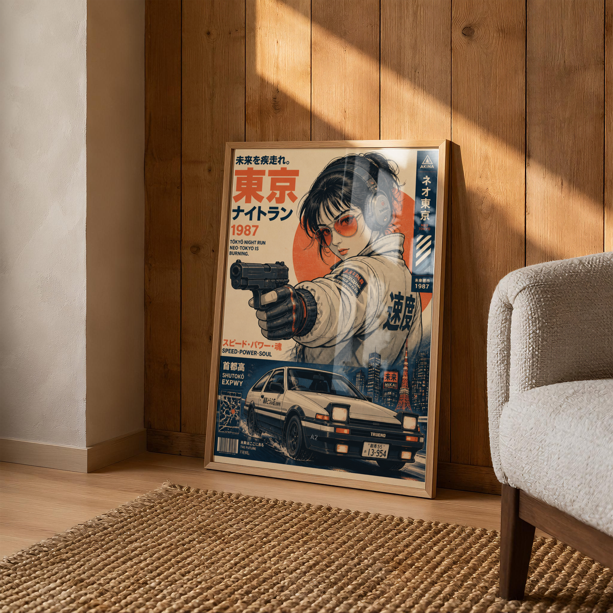 Tokyo Night Run Poster, 80s Street Racing Wall Art, Retro Anime Girl, Japanese Car Print, Neo Tokyo Garage Decor, Cyberpunk Artwork